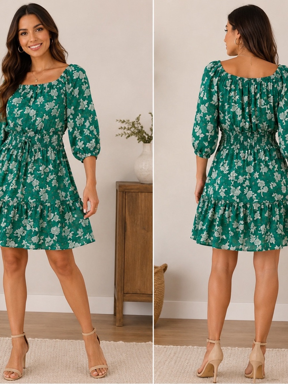 Green Floral Square-Neck Tiered Mini Dress